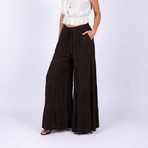 Embroidered Wide Leg Palazzo Boho Brown Just Cruising Pants one size s m l